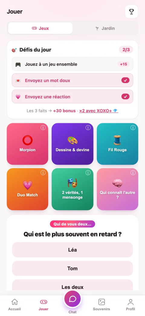 L'onglet Jouer de XOXO Duo : défis du jour, Morpion, Dessine et devine, Fil rouge, Duo Match, 2 vérités 1 mensonge, Qui connaît l'autre